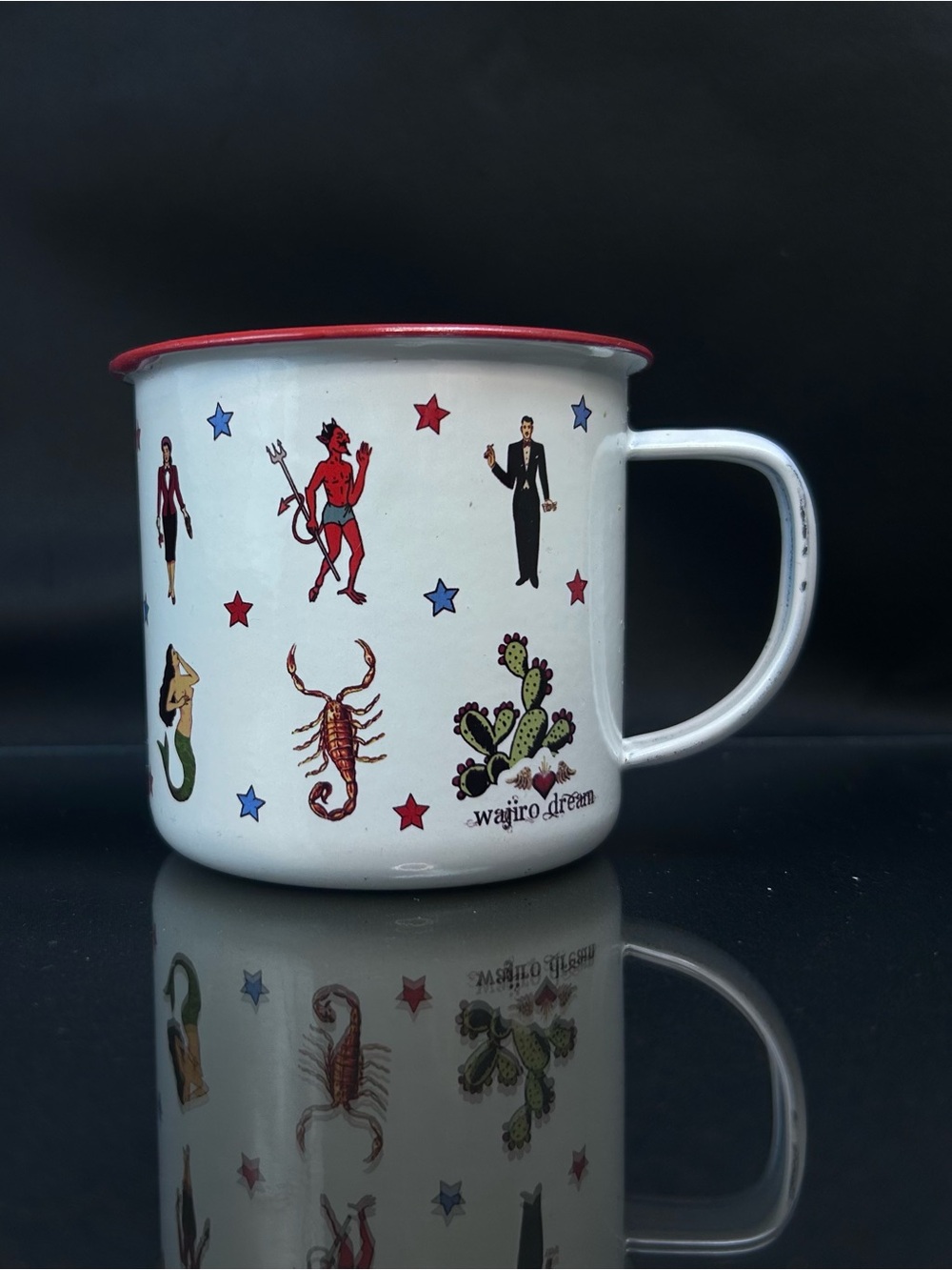 Wajiro Dream Metal Enamel Coffee Mug with Mexican Loteria Tattoo Design 3" Tall - Picture 6 of 16